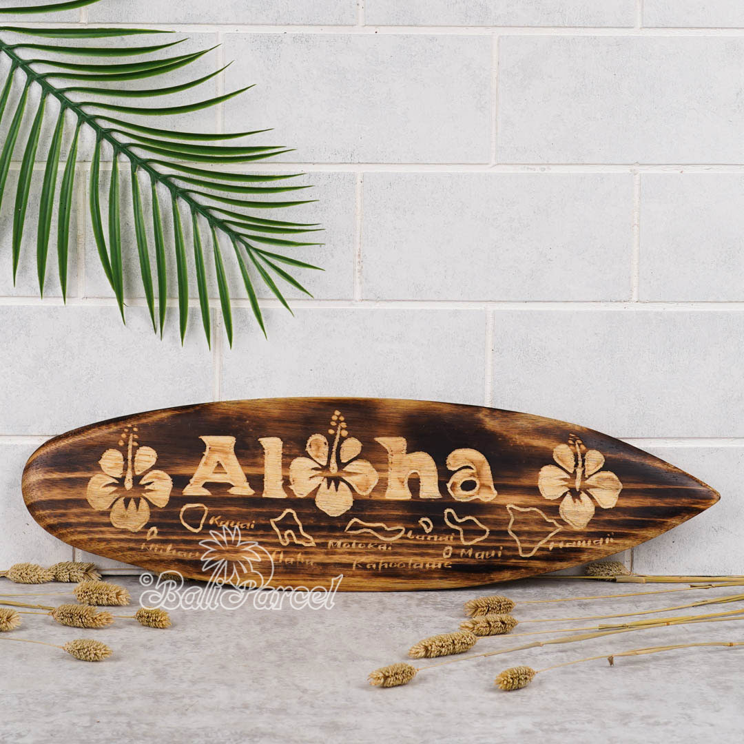 Wooden Surfboard Burning With Carving, Handmade From Pinus Wood