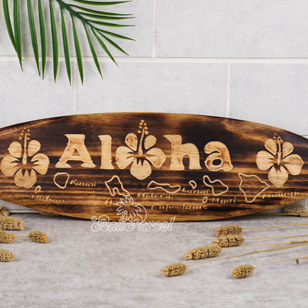 Wooden Surfboard Burning With Carving, Handmade From Pinus Wood