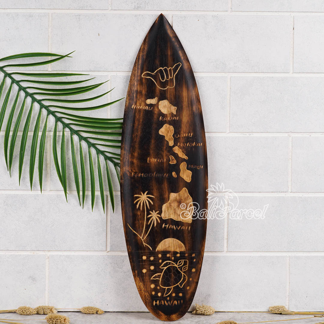 Wooden Surfboard Burning With Carving, Handmade From Pinus Wood