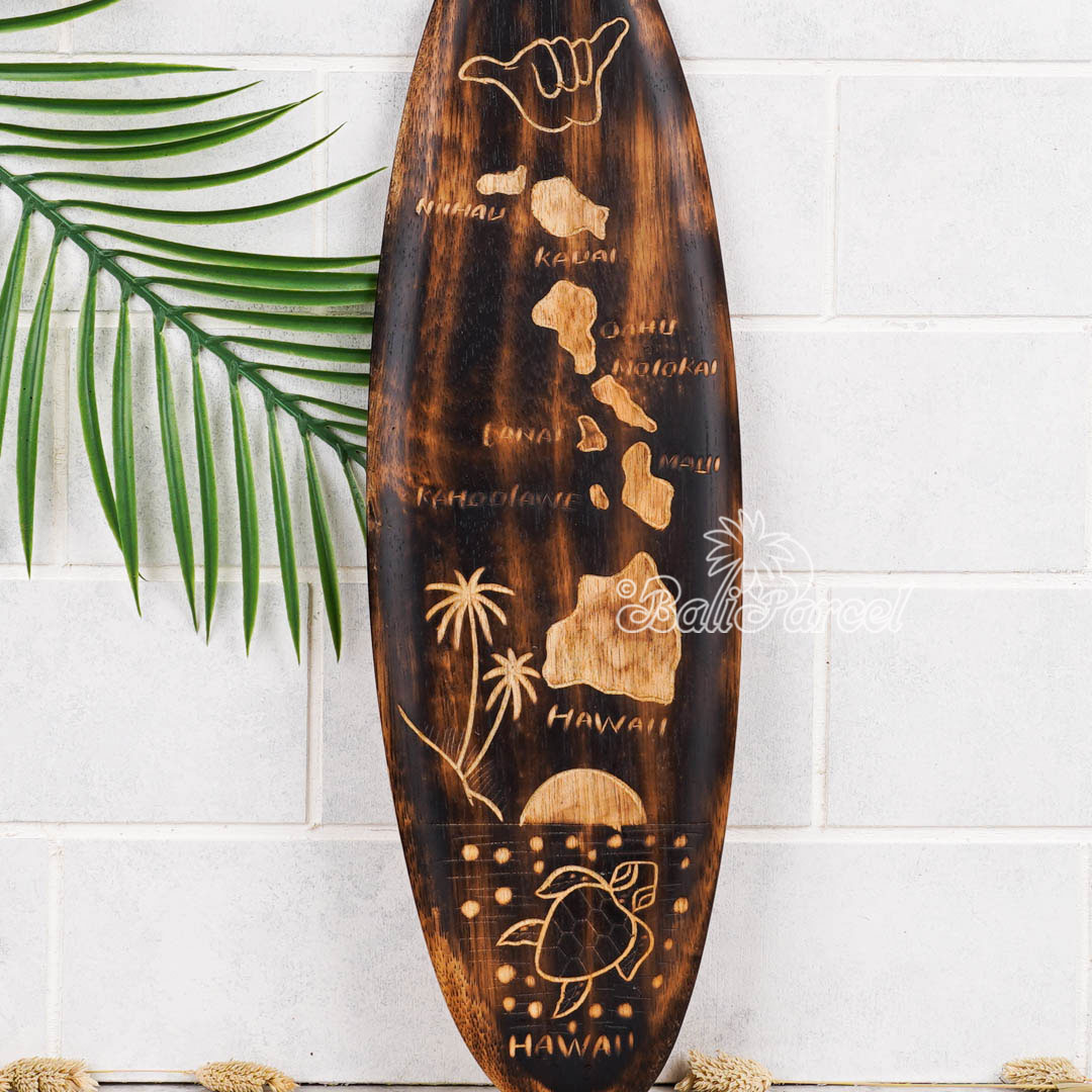 Wooden Surfboard Burning With Carving, Handmade From Pinus Wood
