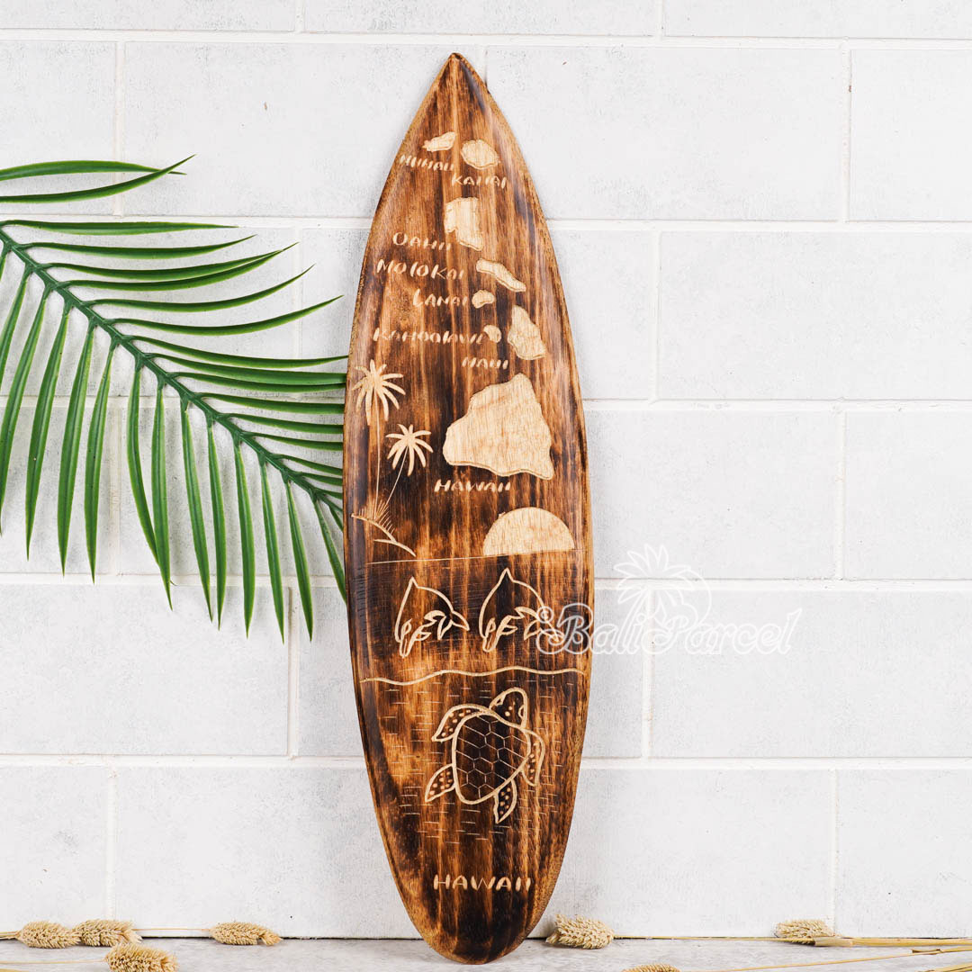 Wooden Surfboard Burning With Carving, Handmade From Pinus Wood