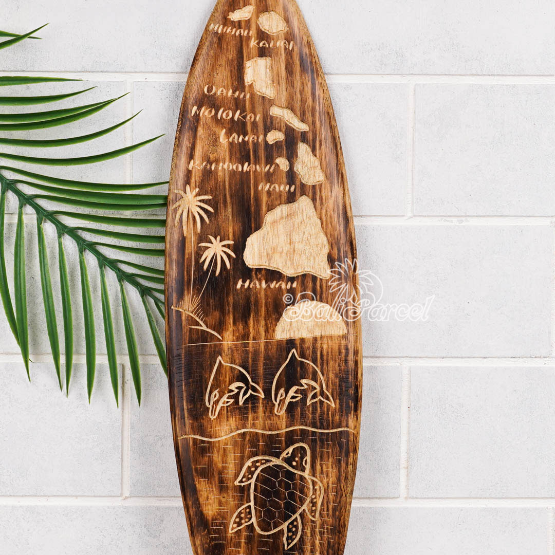 Wooden Surfboard Burning With Carving, Handmade From Pinus Wood