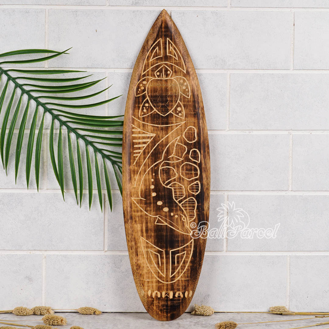 Wooden Surfboard Burning With Carving, Handmade From Pinus Wood