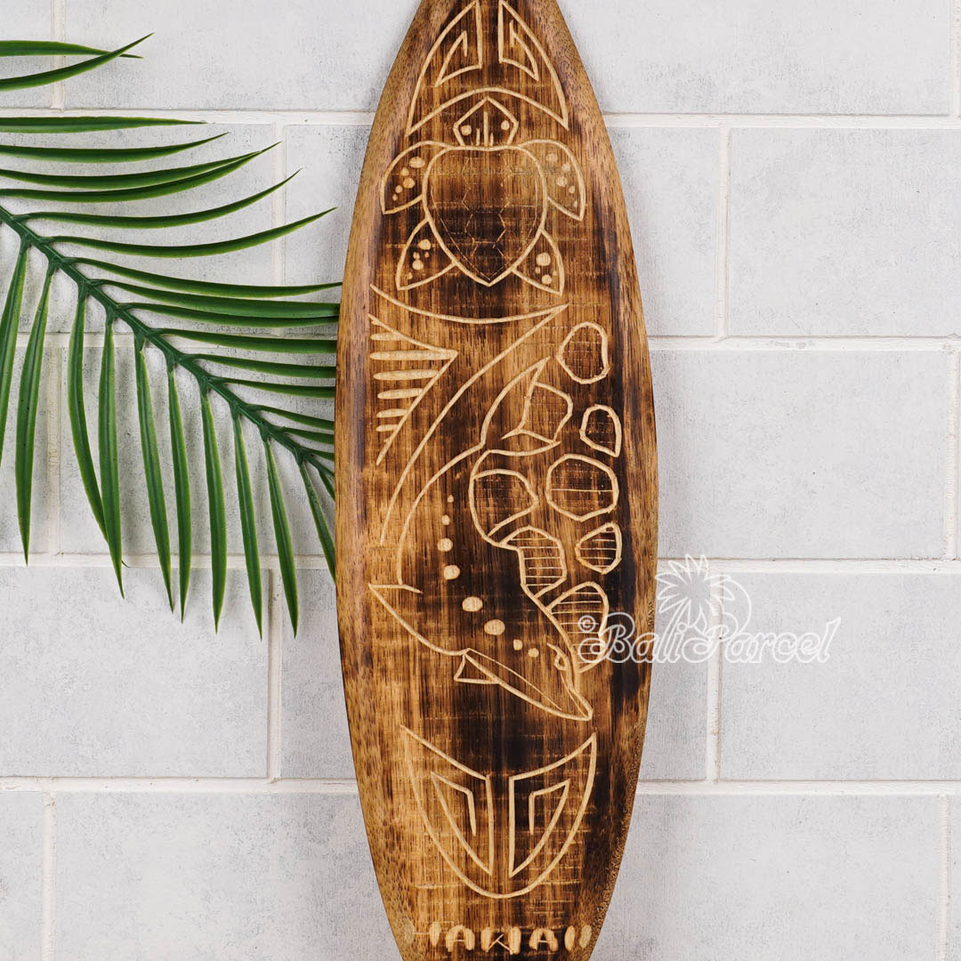 Wooden Surfboard Burning With Carving, Handmade From Pinus Wood