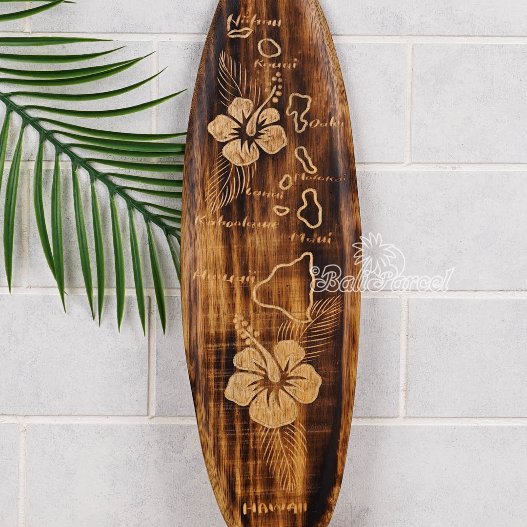 Wooden Surfboard Burning With Carving, Handmade From Pinus Wood