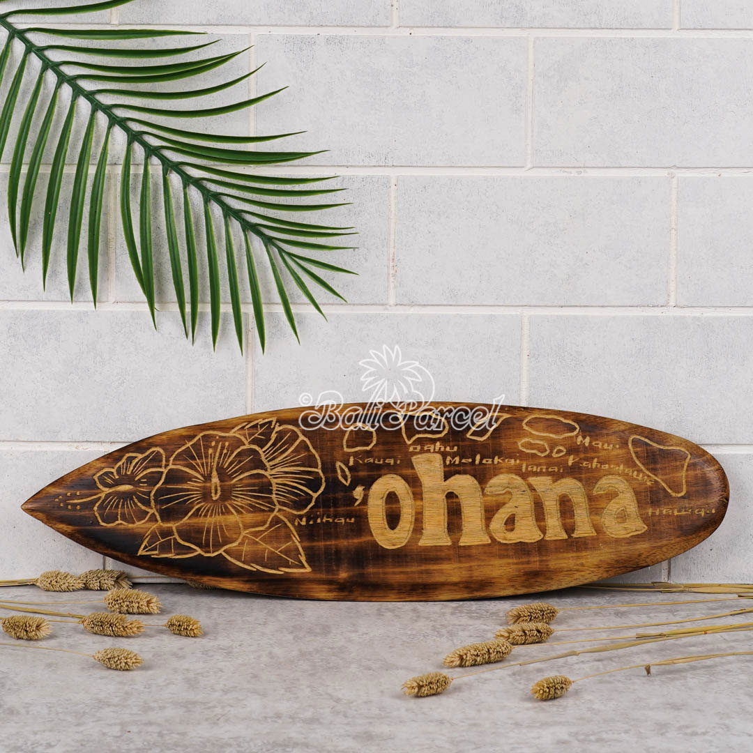 Wooden Surfboard Burning With Carving, Handmade From Pinus Wood