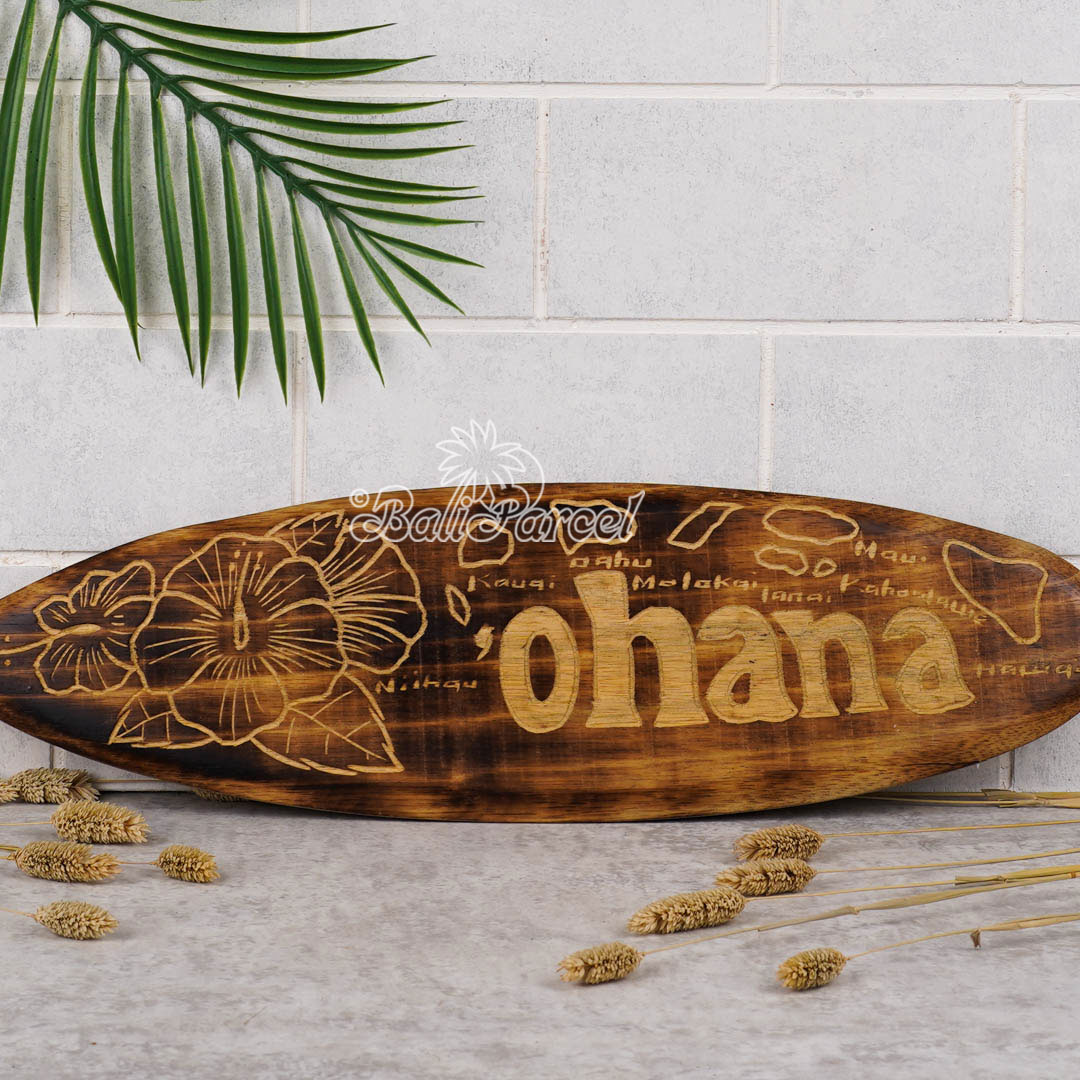 Wooden Surfboard Burning With Carving, Handmade From Pinus Wood