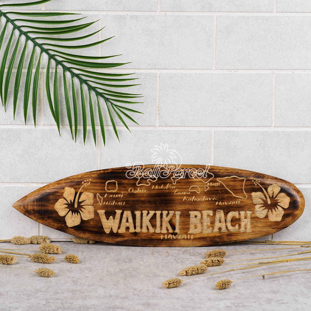 Wooden Surfboard Burning With Carving, Handmade From Pinus Wood