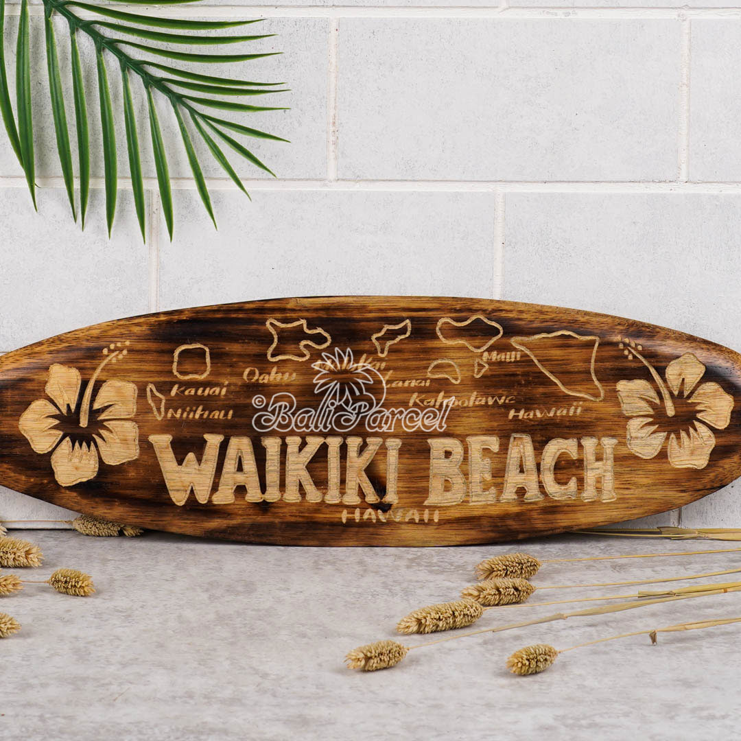 Wooden Surfboard Burning With Carving, Handmade From Pinus Wood