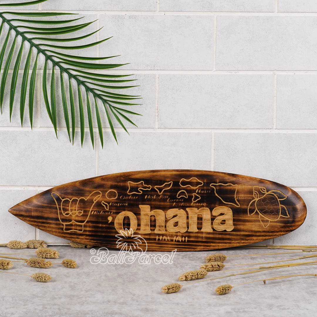 Wooden Surfboard Burning With Carving, Handmade From Pinus Wood
