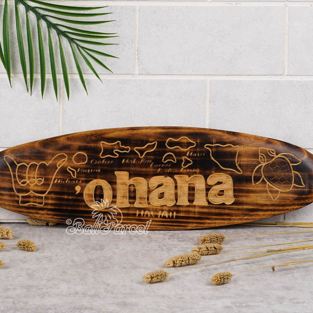 Wooden Surfboard Burning With Carving, Handmade From Pinus Wood