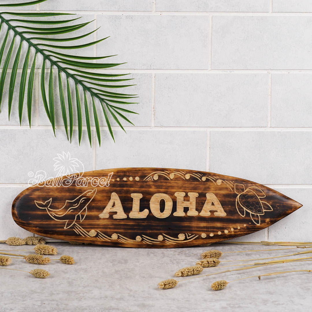 Wooden Surfboard Burning With Carving, Handmade From Pinus Wood