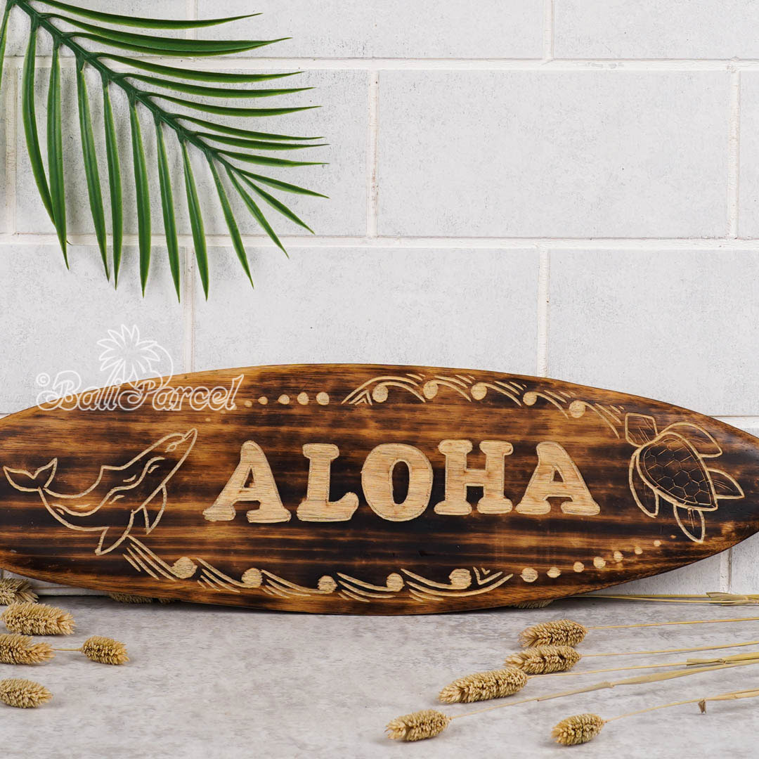 Wooden Surfboard Burning With Carving, Handmade From Pinus Wood