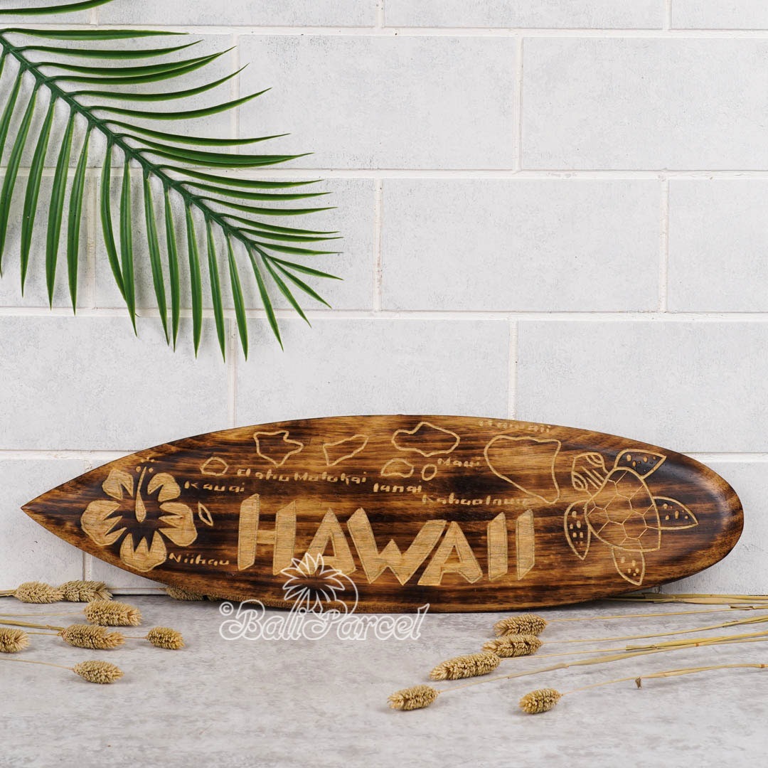 Wooden Surfboard Burning With Carving, Handmade From Pinus Wood