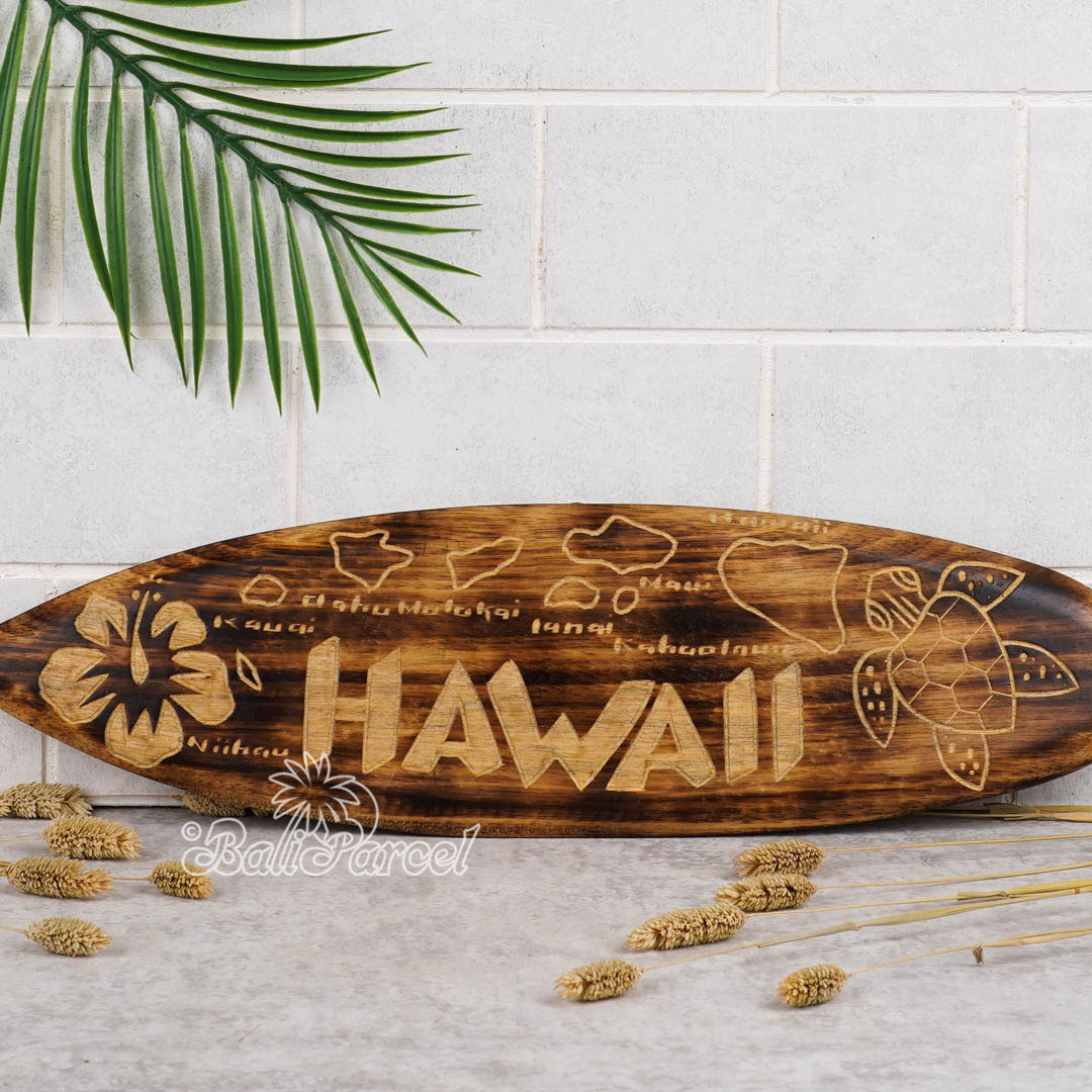 Wooden Surfboard Burning With Carving, Handmade From Pinus Wood