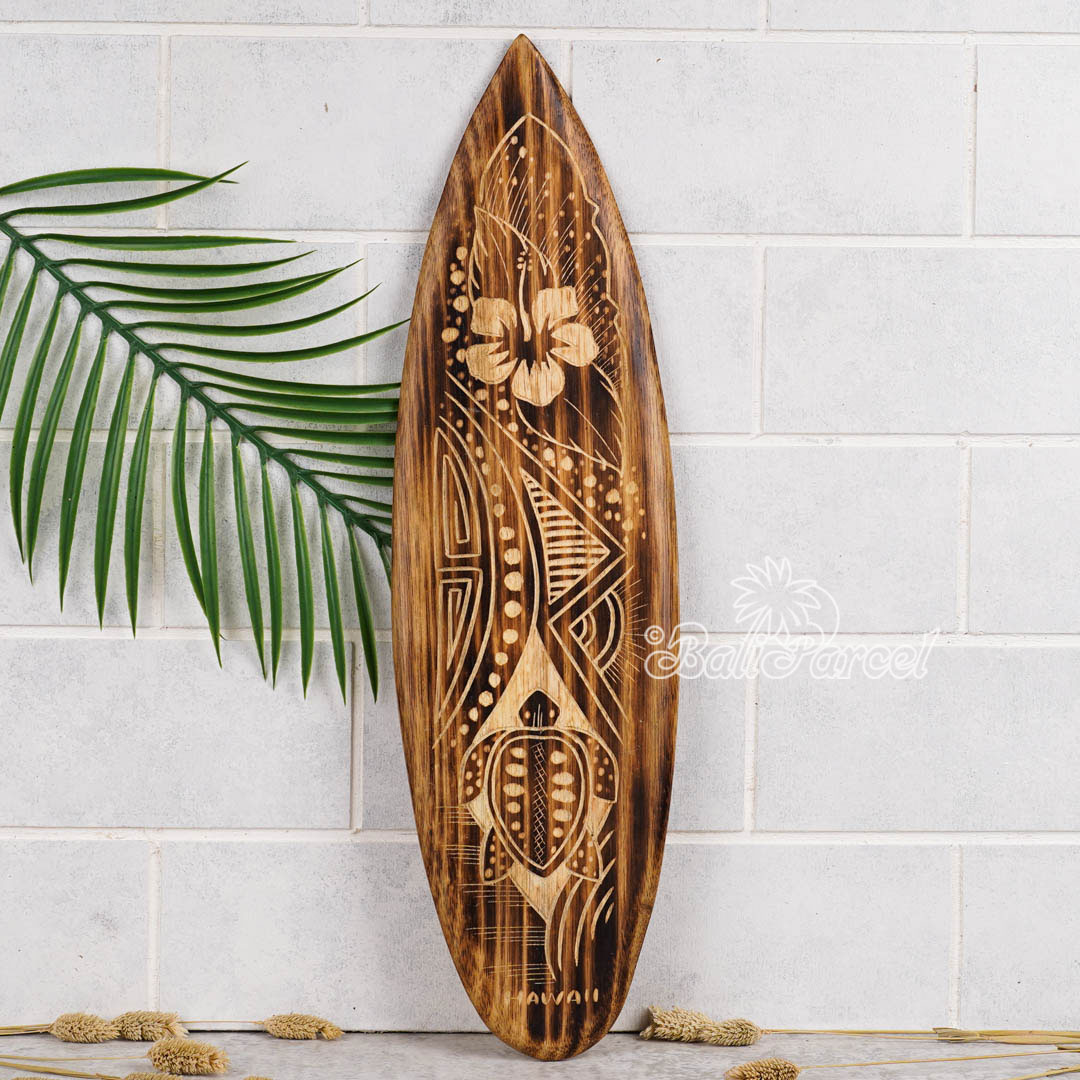 Wooden Surfboard Burning With Carving, Handmade From Pinus Wood