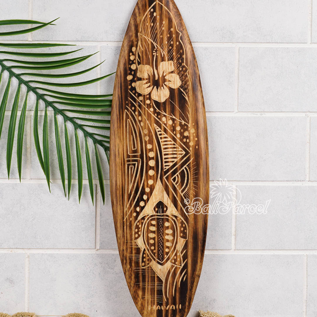 Wooden Surfboard Burning With Carving, Handmade From Pinus Wood
