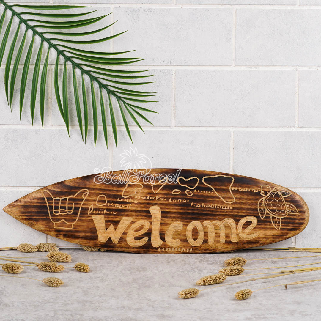 Wooden Surfboard Burning With Carving, Handmade From Pinus Wood