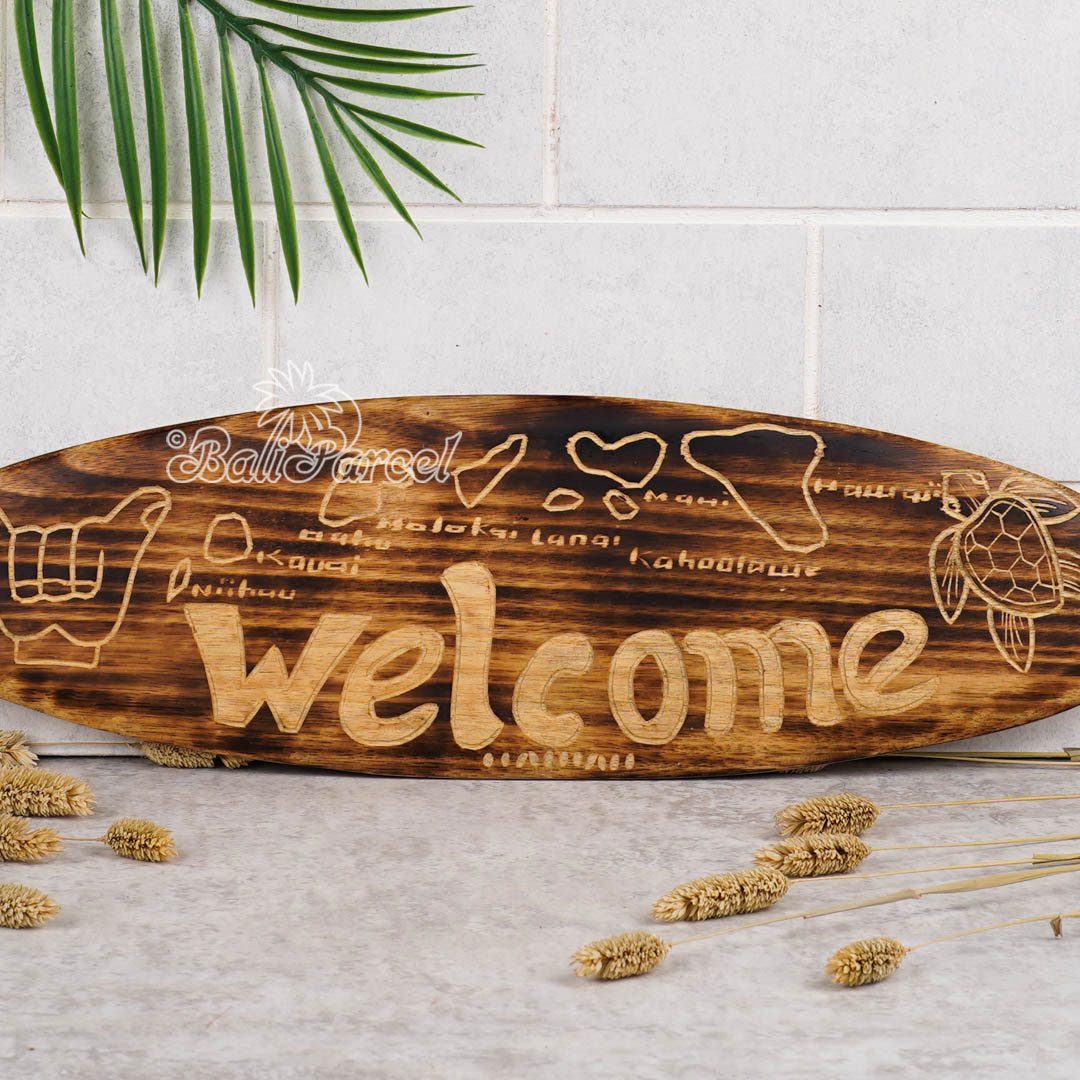 Wooden Surfboard Burning With Carving, Handmade From Pinus Wood