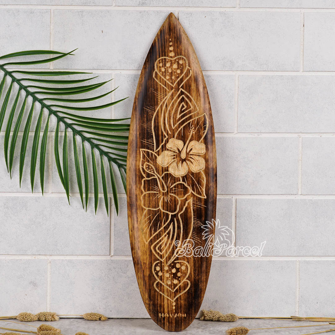 Wooden Surfboard Burning With Carving, Handmade From Pinus Wood