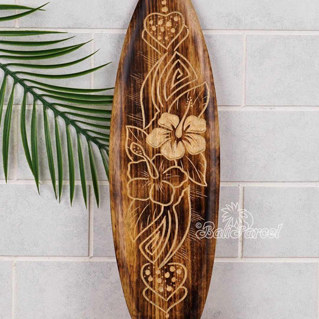 Wooden Surfboard Burning With Carving, Handmade From Pinus Wood