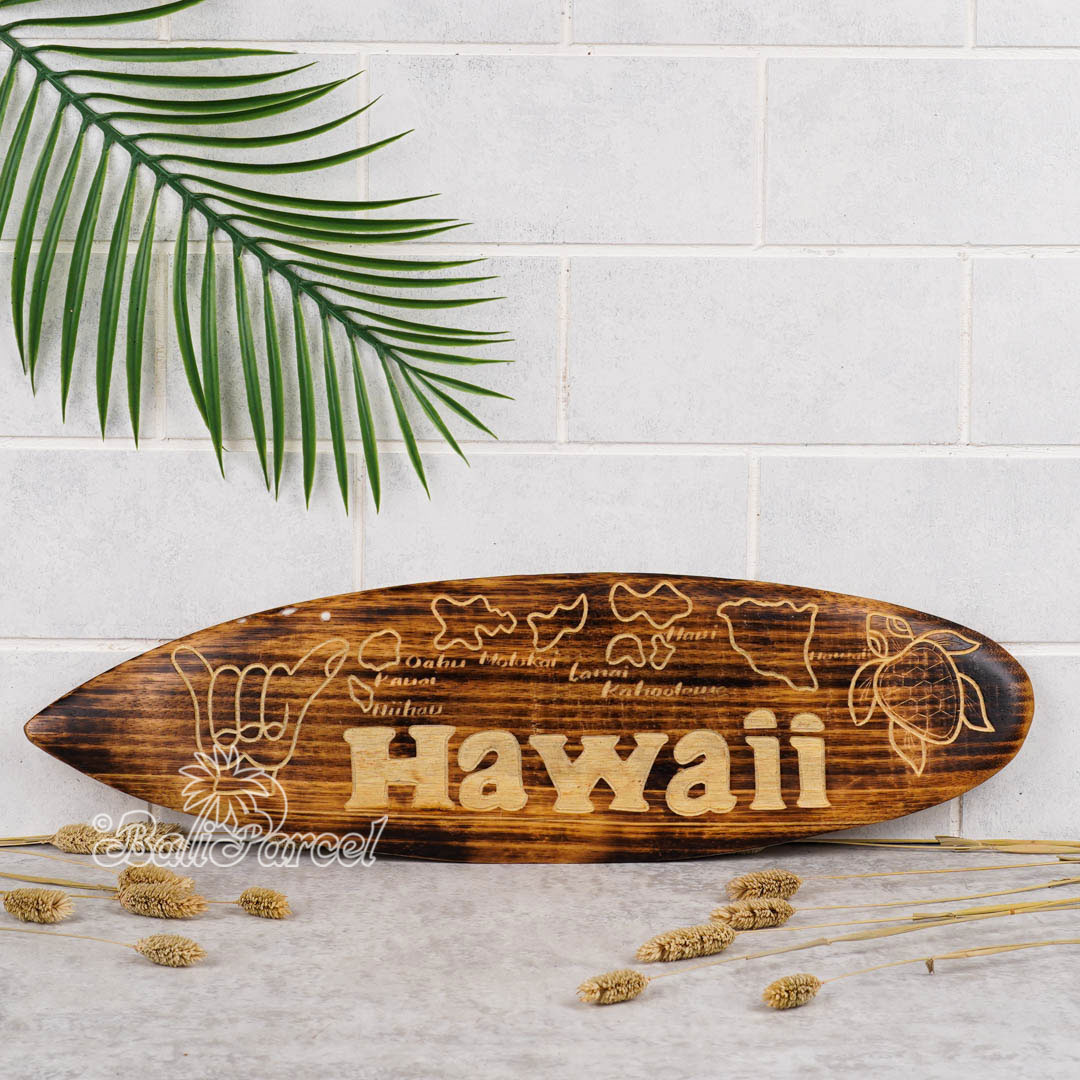 Wooden Surfboard Burning With Carving, Handmade From Pinus Wood