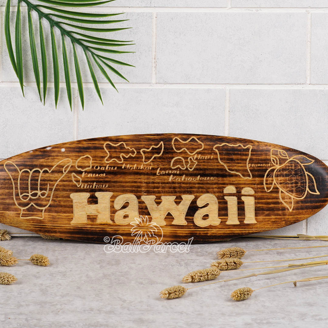 Wooden Surfboard Burning With Carving, Handmade From Pinus Wood