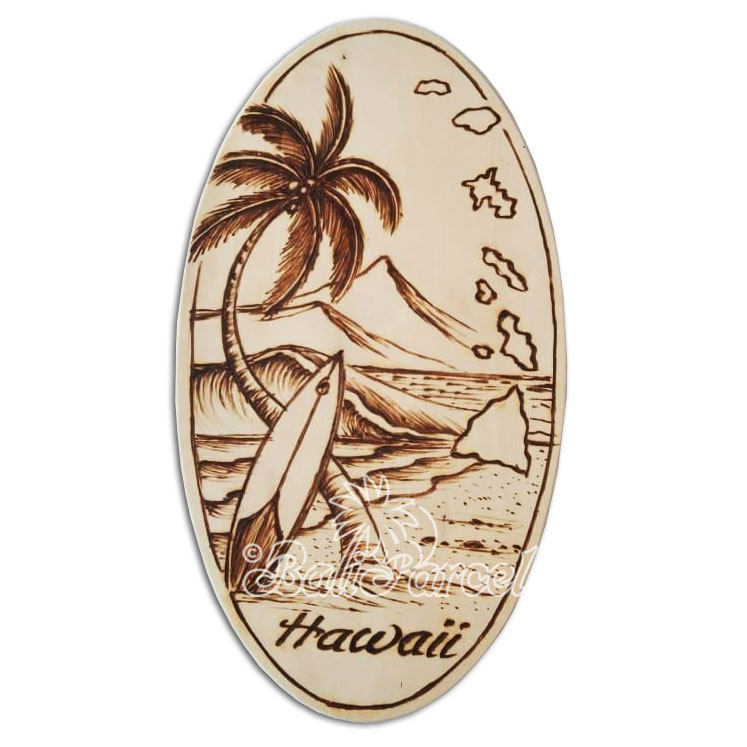 Wooden Surfboard Oval Shaped Burning, Handmade From Pinus Wood