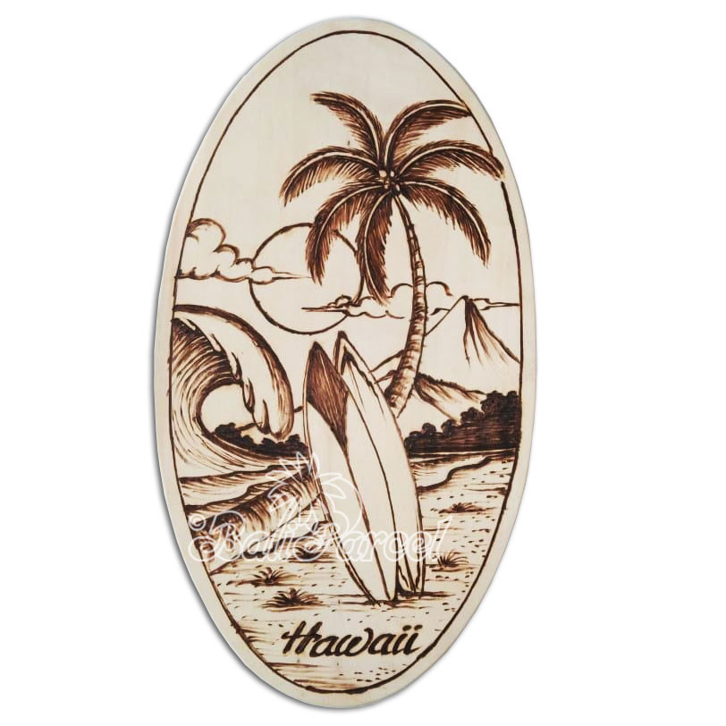 Wooden Surfboard Oval Shaped Burning, Handmade From Pinus Wood