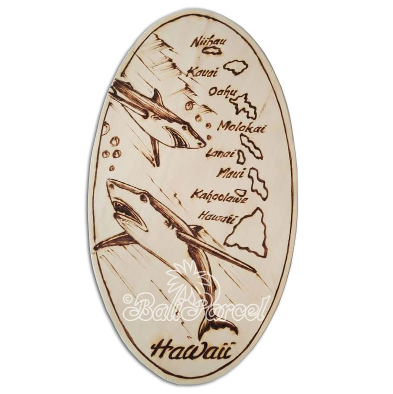 Wooden Surfboard Oval Shaped Burning, Handmade From Pinus Wood