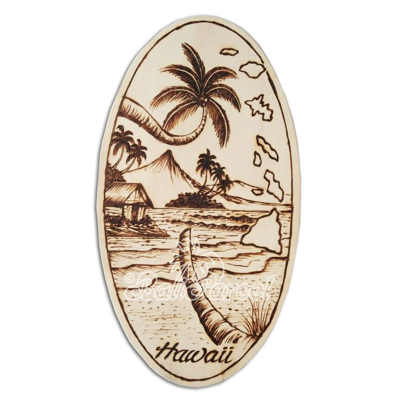 Wooden Surfboard Oval Shaped Burning, Handmade From Pinus Wood