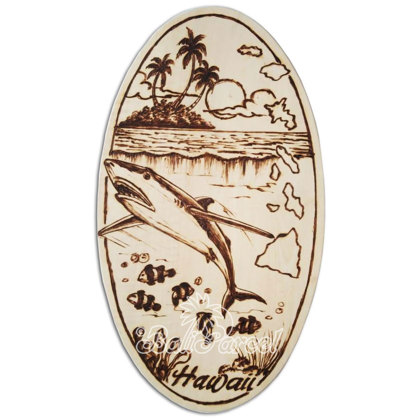 Wooden Surfboard Oval Shaped Burning, Handmade From Pinus Wood
