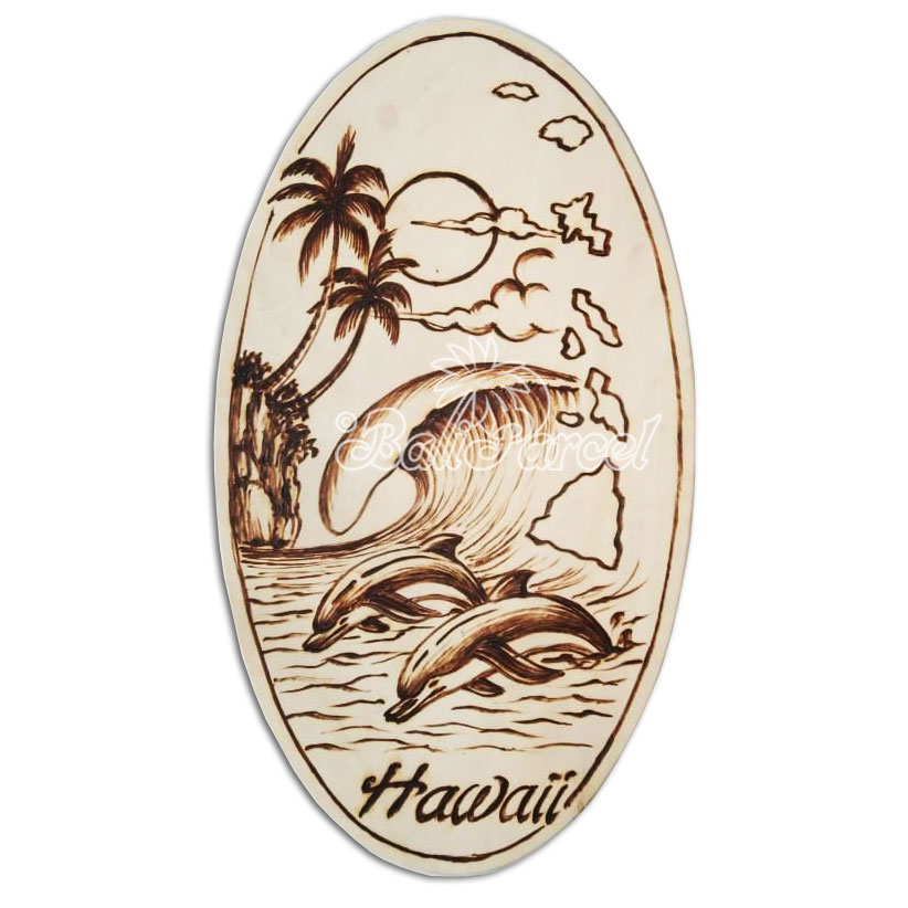 Wooden Surfboard Oval Shaped Burning, Handmade From Pinus Wood
