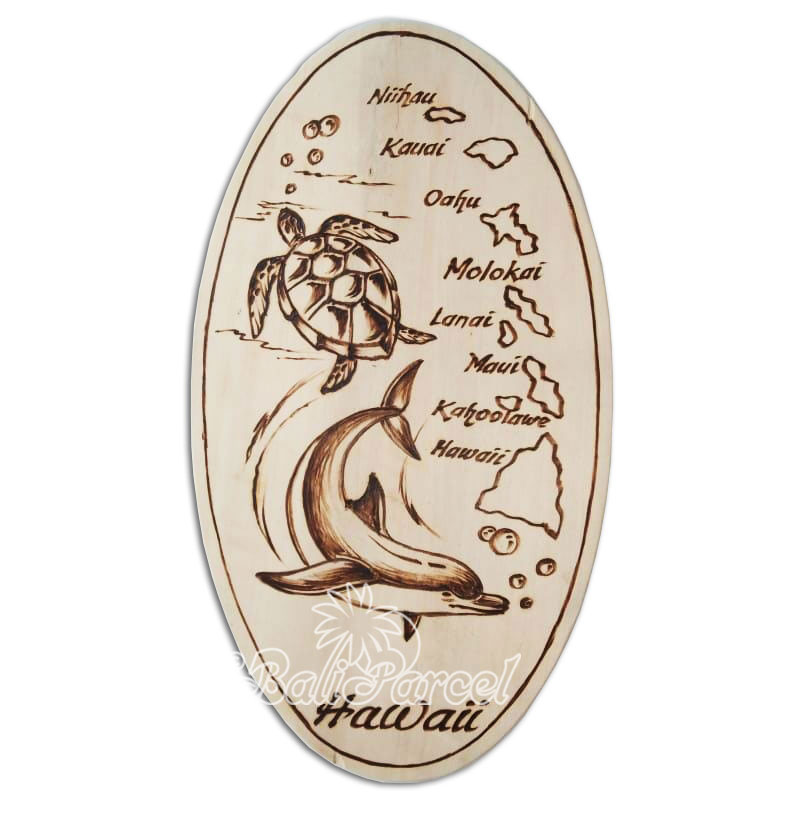 Wooden Surfboard Oval Shaped Burning, Handmade From Pinus Wood