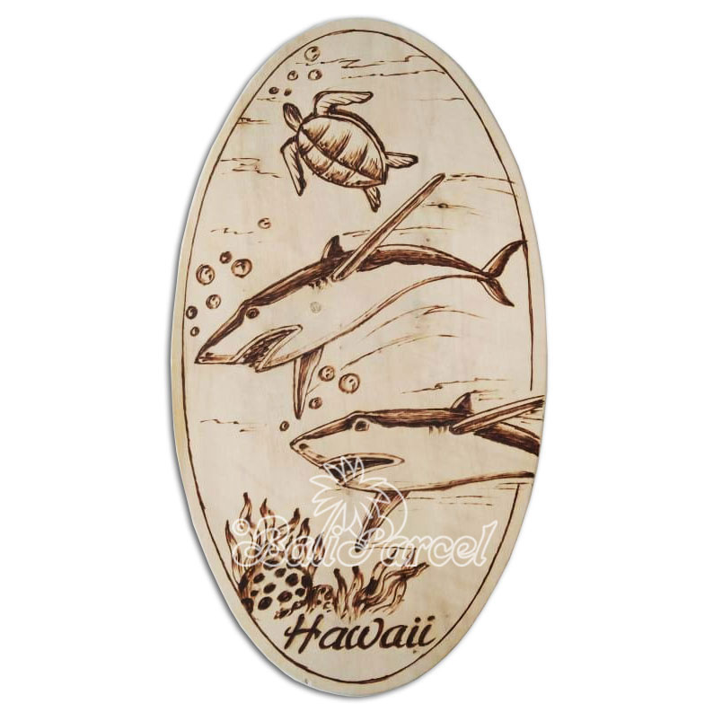 Wooden Surfboard Oval Shaped Burning, Handmade From Pinus Wood
