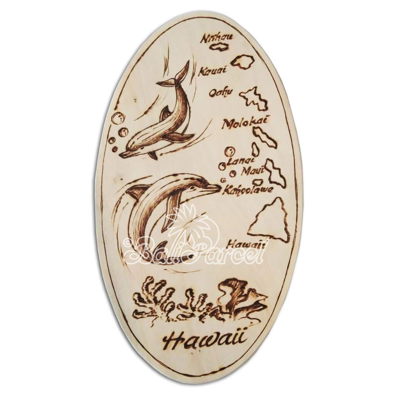 Wooden Surfboard Oval Shaped Burning, Handmade From Pinus Wood
