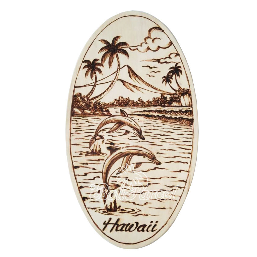 Wooden Surfboard Oval Shaped Burning, Handmade From Pinus Wood