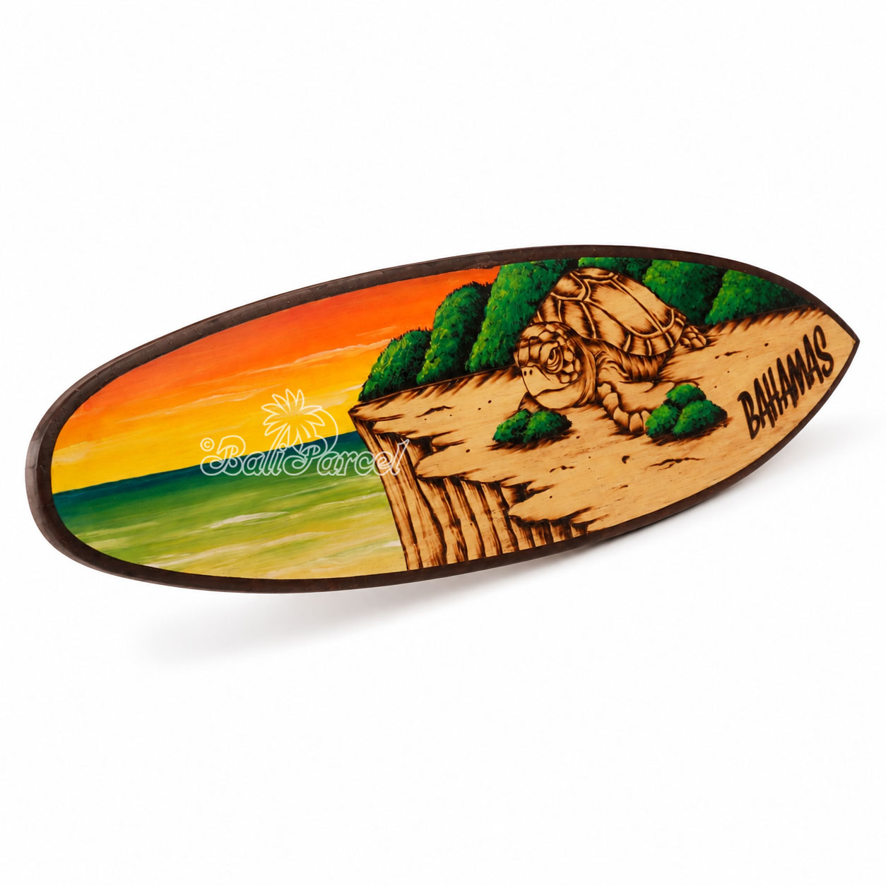 Wooden Surfboard Burning With Painting, Handmade From Pinus Wood