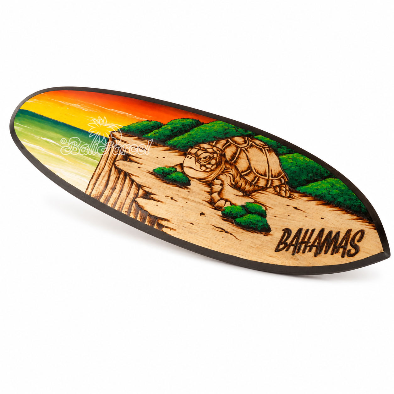 Wooden Surfboard Burning With Painting, Handmade From Pinus Wood