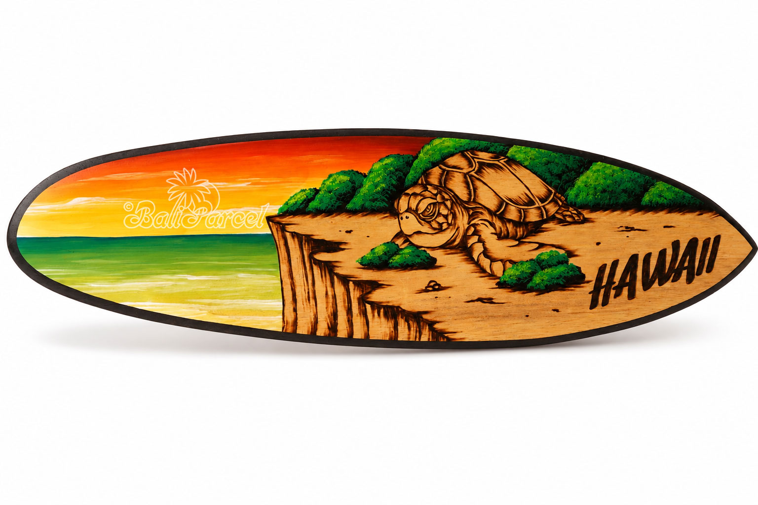 Wooden Surfboard Burning With Painting, Handmade From Pinus Wood