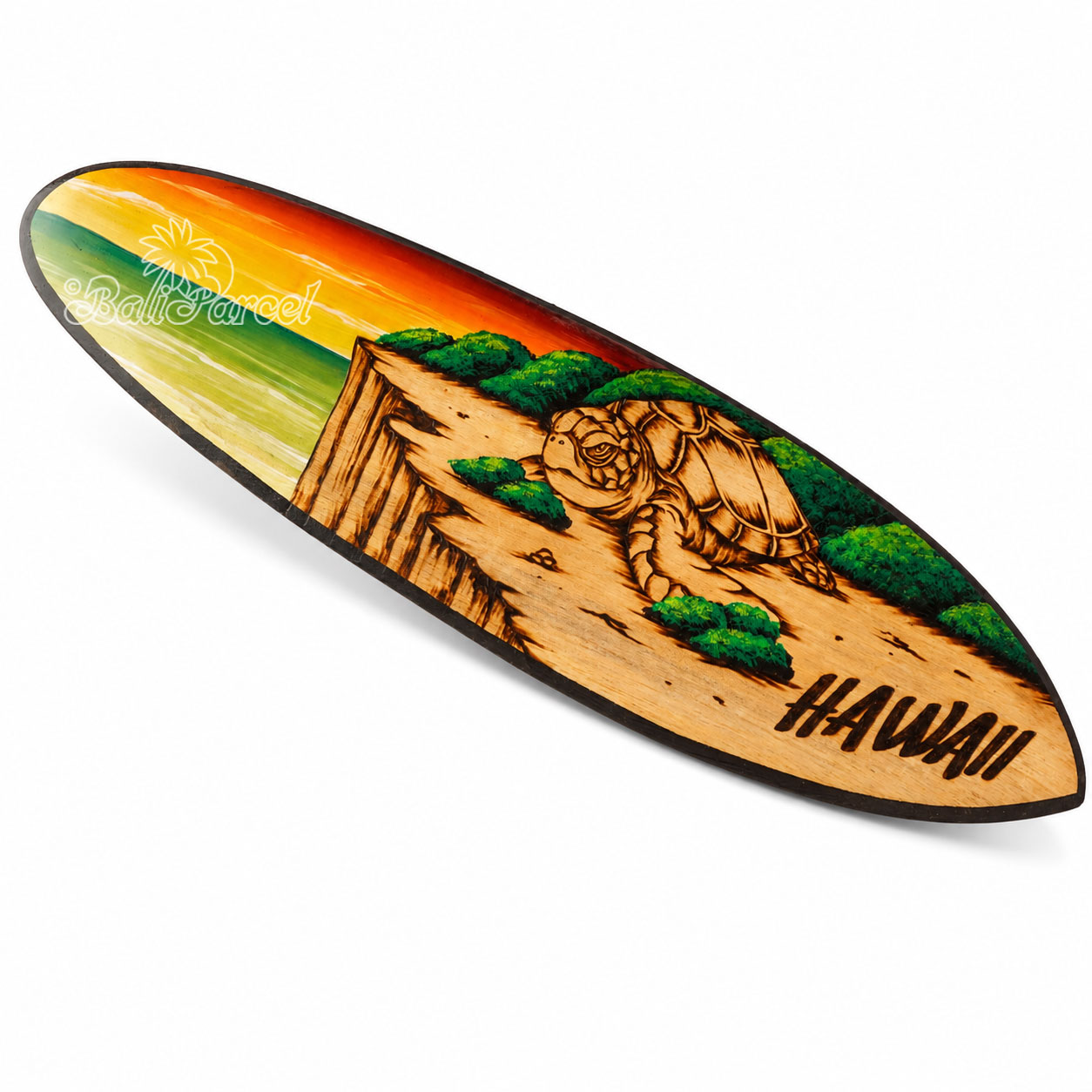 Wooden Surfboard Burning With Painting, Handmade From Pinus Wood