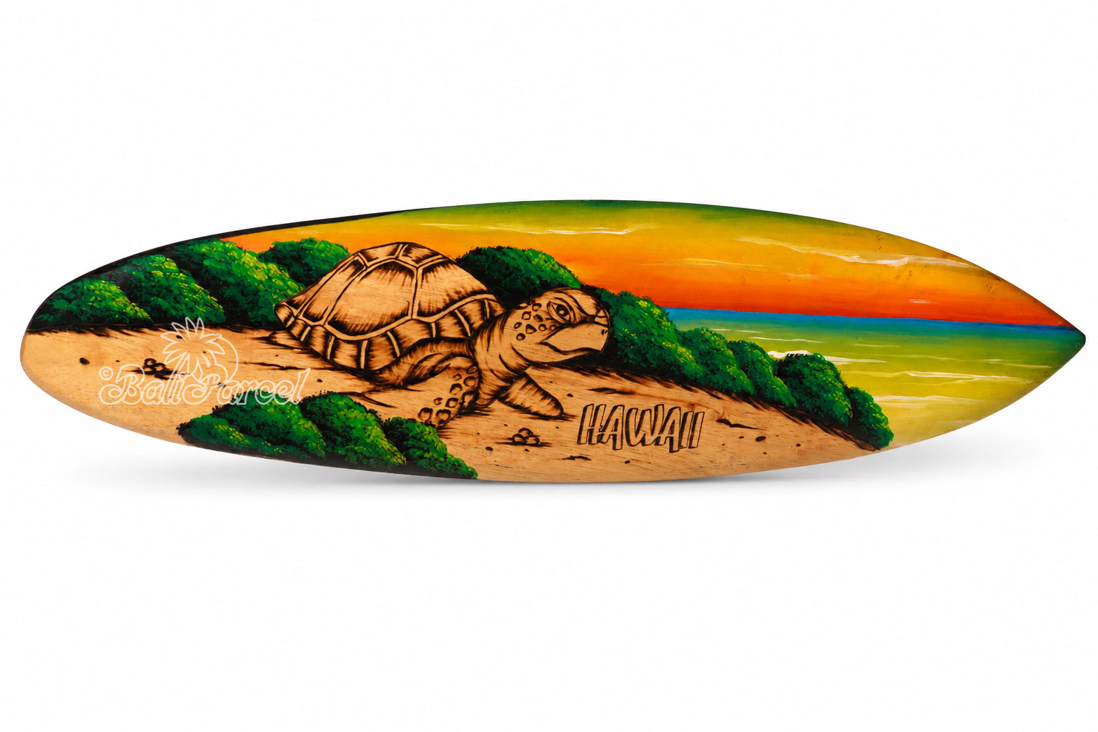 Wooden Surfboard Burning With Painting, Handmade From Pinus Wood