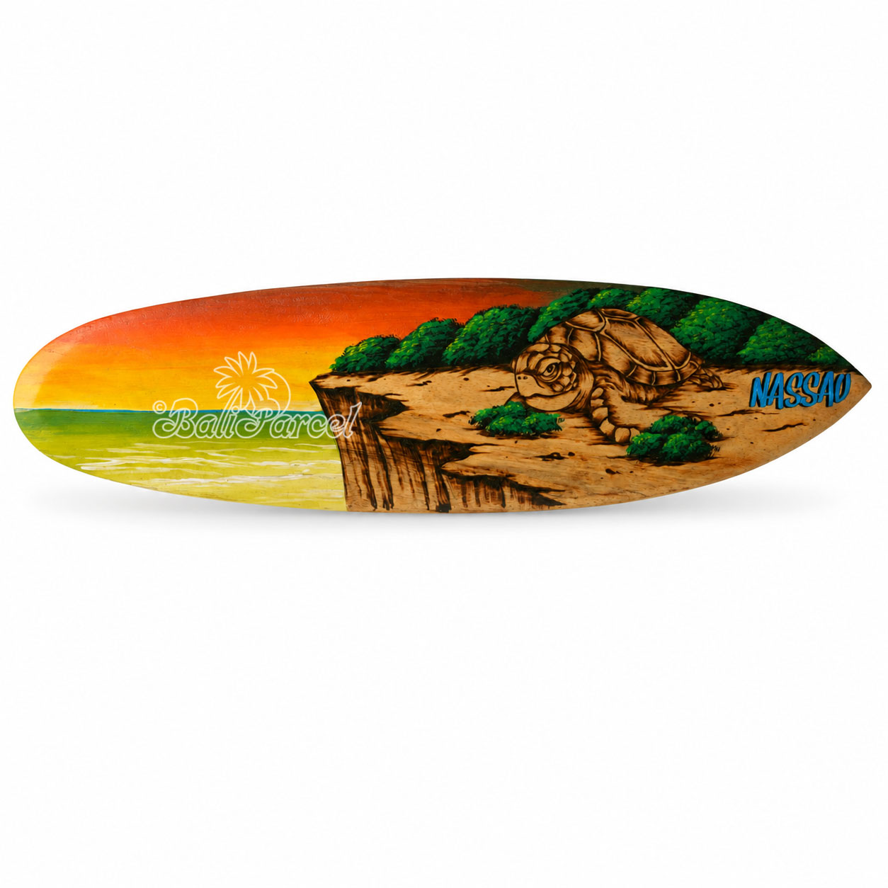 Wooden Surfboard Burning With Painting, Handmade From Pinus Wood