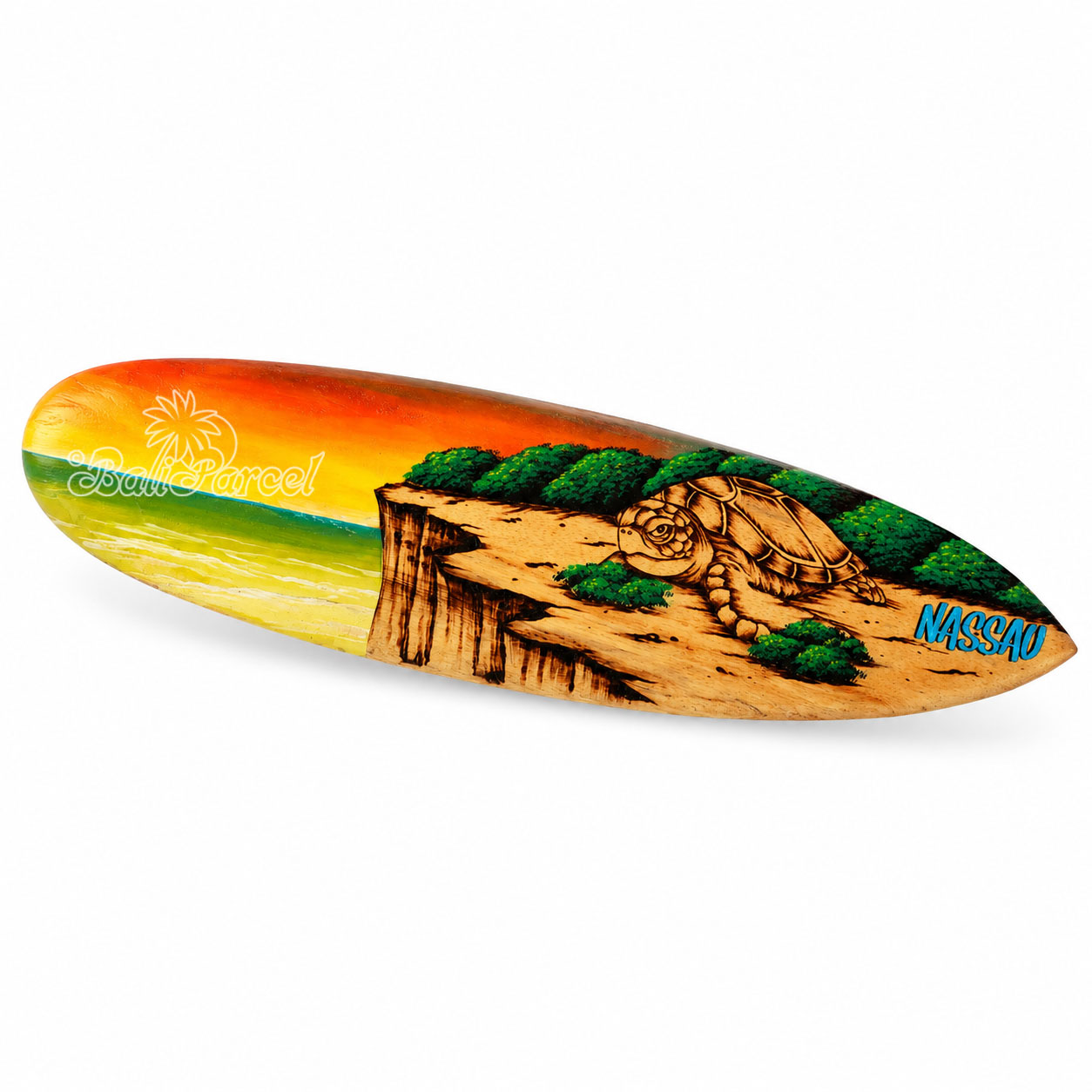 Wooden Surfboard Burning With Painting, Handmade From Pinus Wood