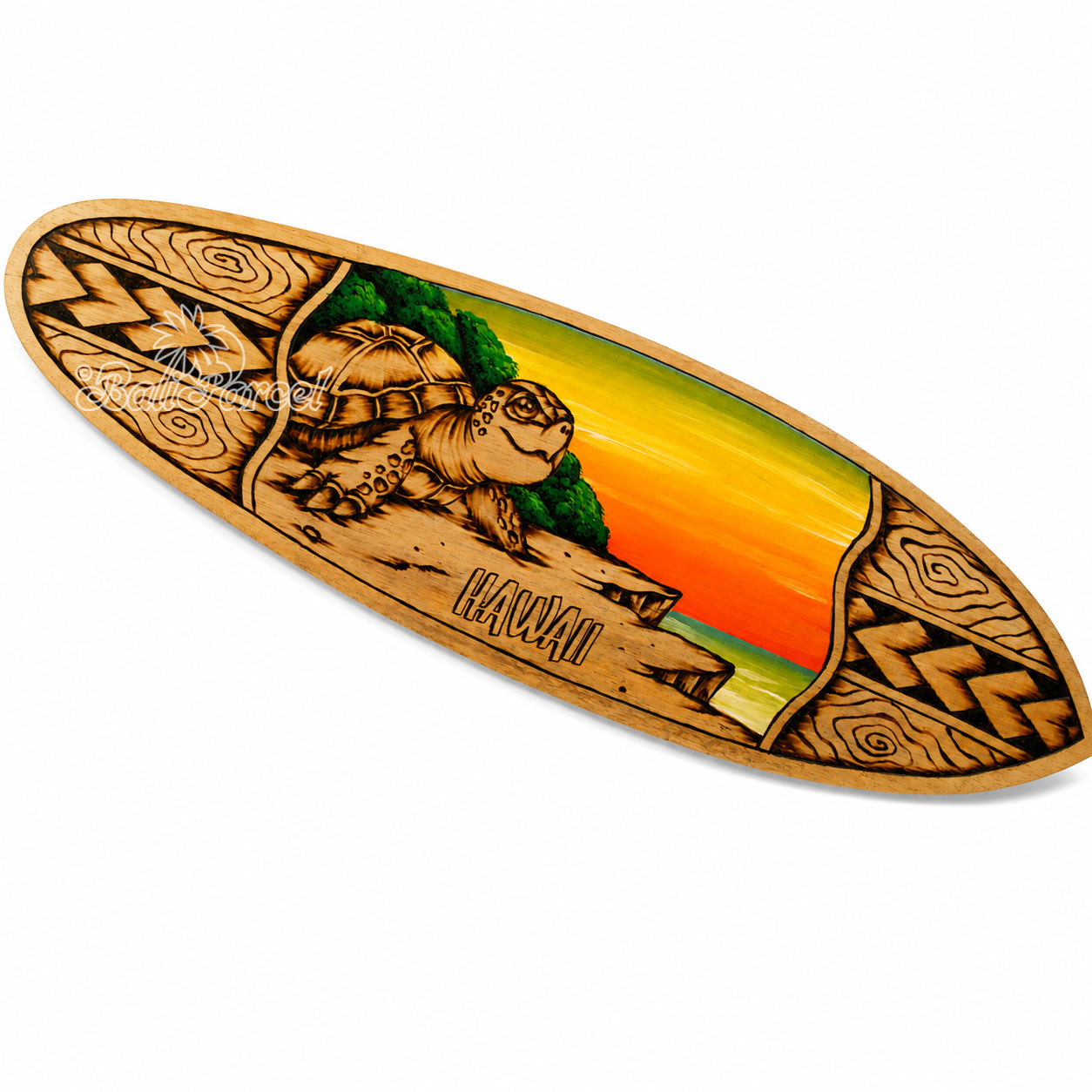 Wooden Surfboard Burning With Painting, Handmade From Pinus Wood
