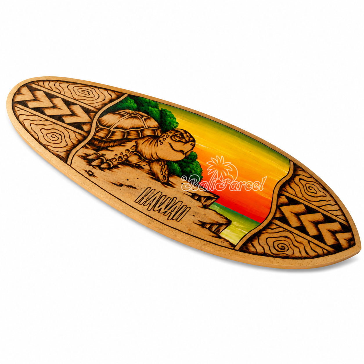 Wooden Surfboard Burning With Painting, Handmade From Pinus Wood
