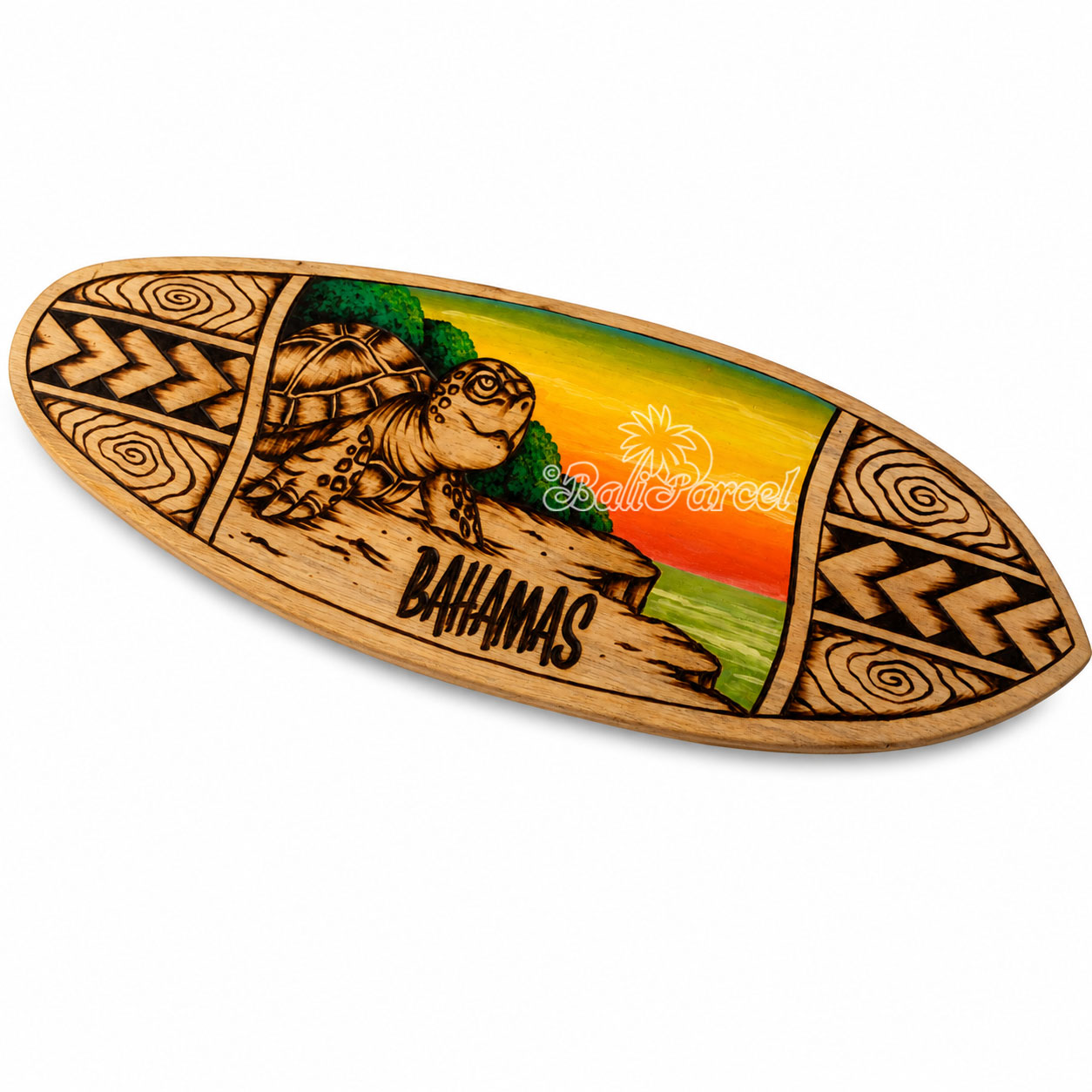 Wooden Surfboard Burning With Painting, Handmade From Pinus Wood