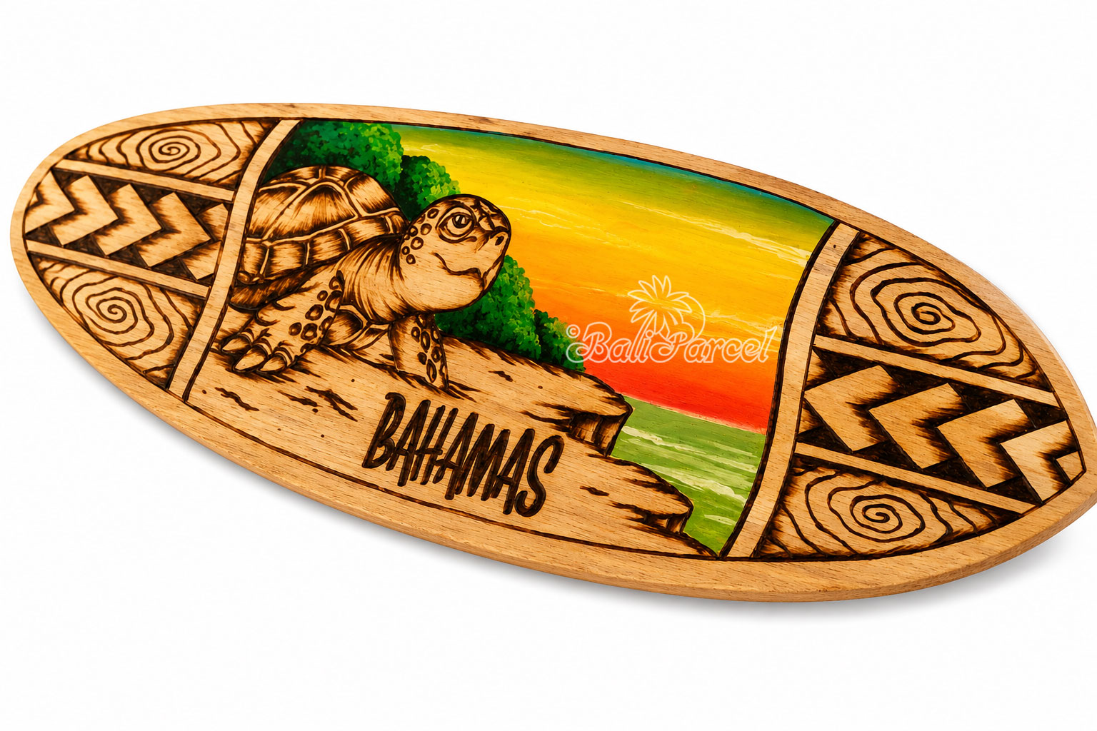 Wooden Surfboard Burning With Painting, Handmade From Pinus Wood