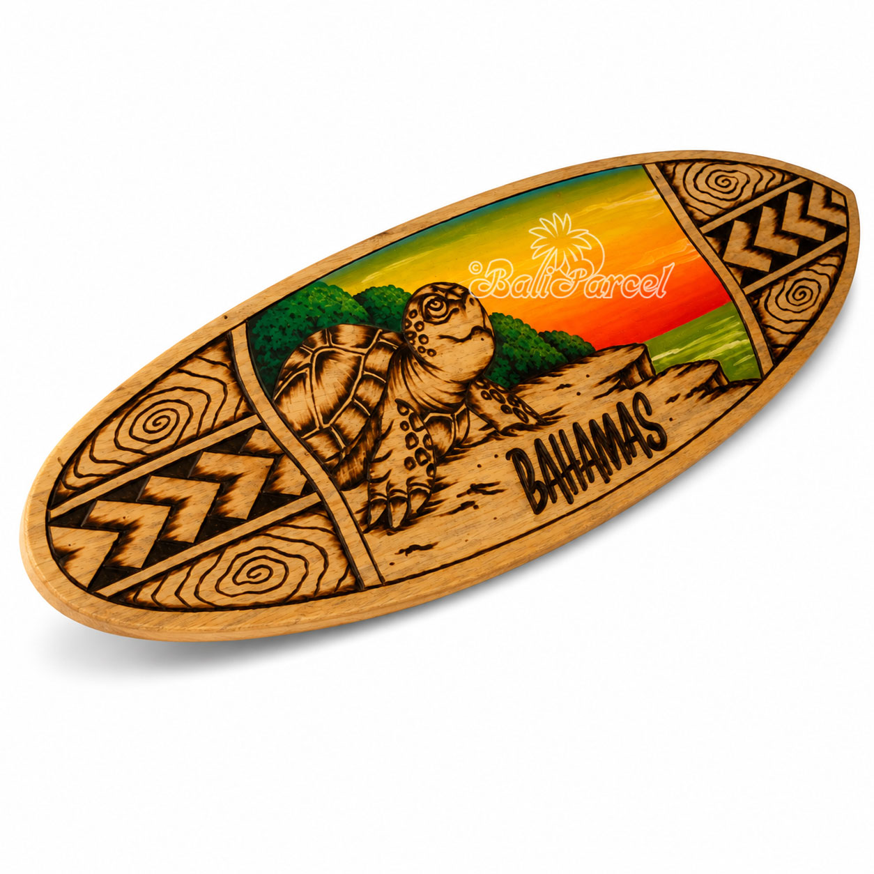 Wooden Surfboard Burning With Painting, Handmade From Pinus Wood
