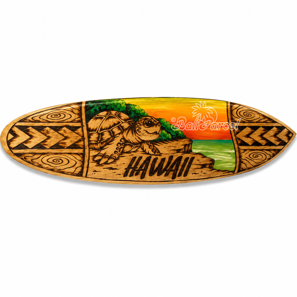 Wooden Surfboard Burning With Painting, Handmade From Pinus Wood